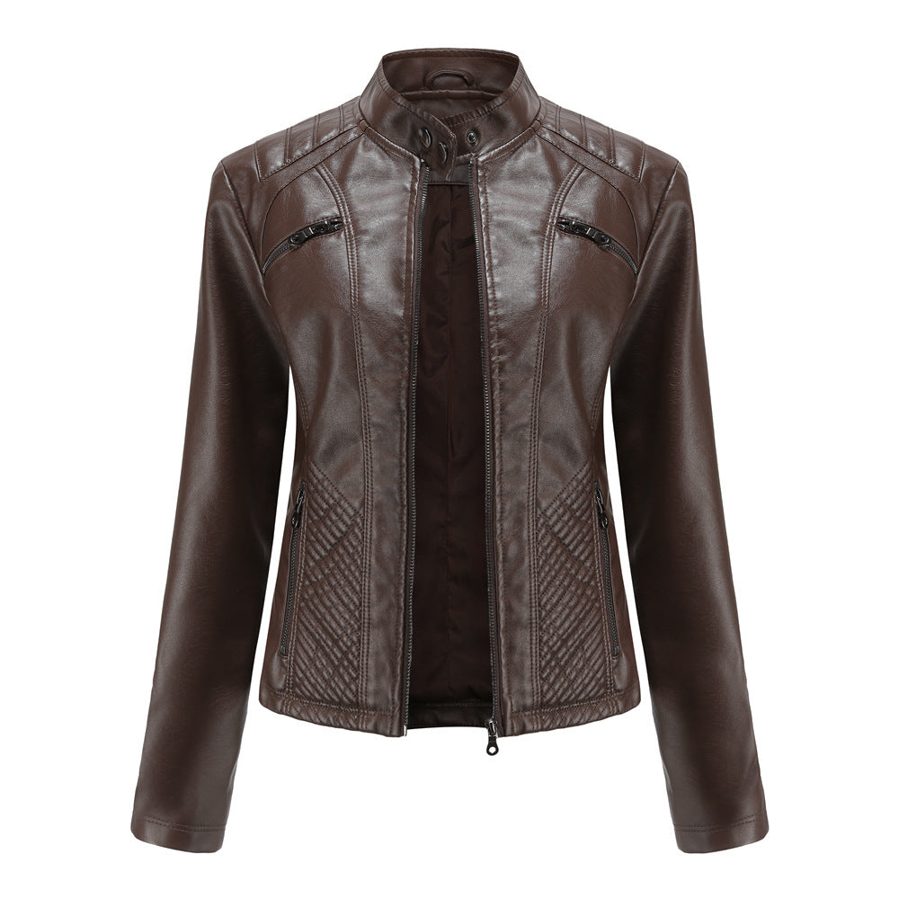 Women tailored biker jacket made of faux leather with quilted panels and stand-up collar Mune Fashion