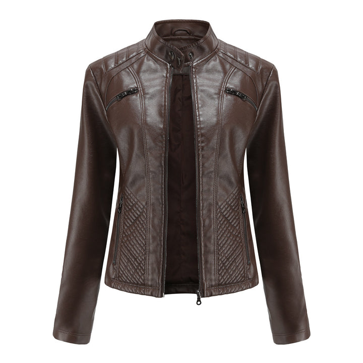 Women tailored biker jacket made of faux leather with quilted panels and stand-up collar Mune Fashion