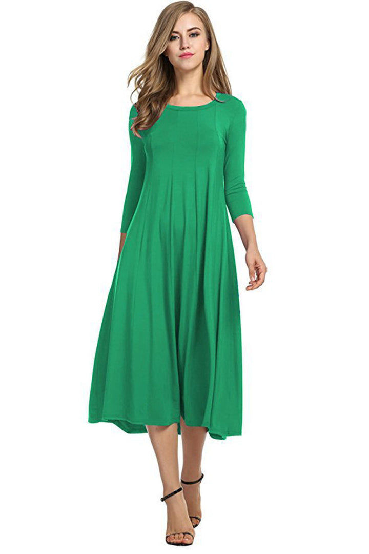 Women's Long A-Line Midi Dress made of Stretch Jersey with Three-Quarter Sleeves and Side Pockets Mune Fashion