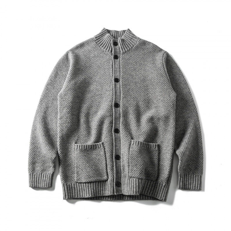 Unisex Structured Button Cardigan with Stand Collar and Patch Pockets Mune Fashion
