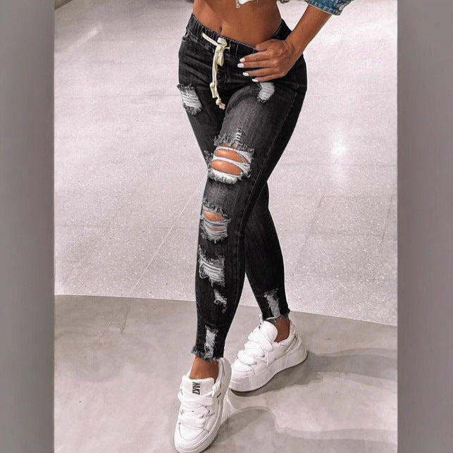 Women High-Waist Destroyed Denim-Jeggings with Drawstring and Raw Hem Mune Fashion