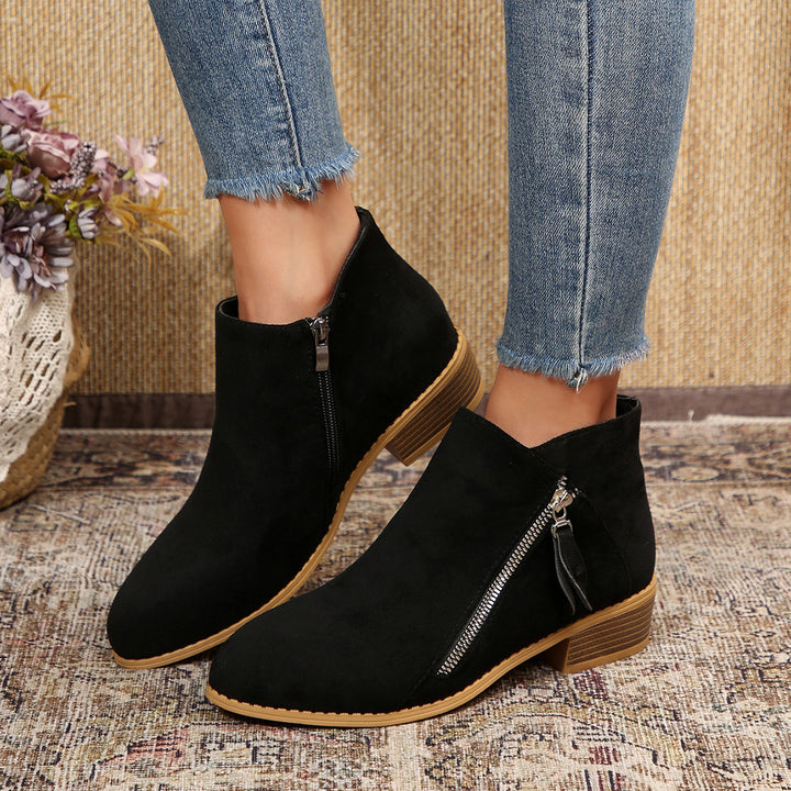 Women's Modern Ankle Boot with Visible Metal Zipper and Low Wood-Look Block Heel Mune Fashion