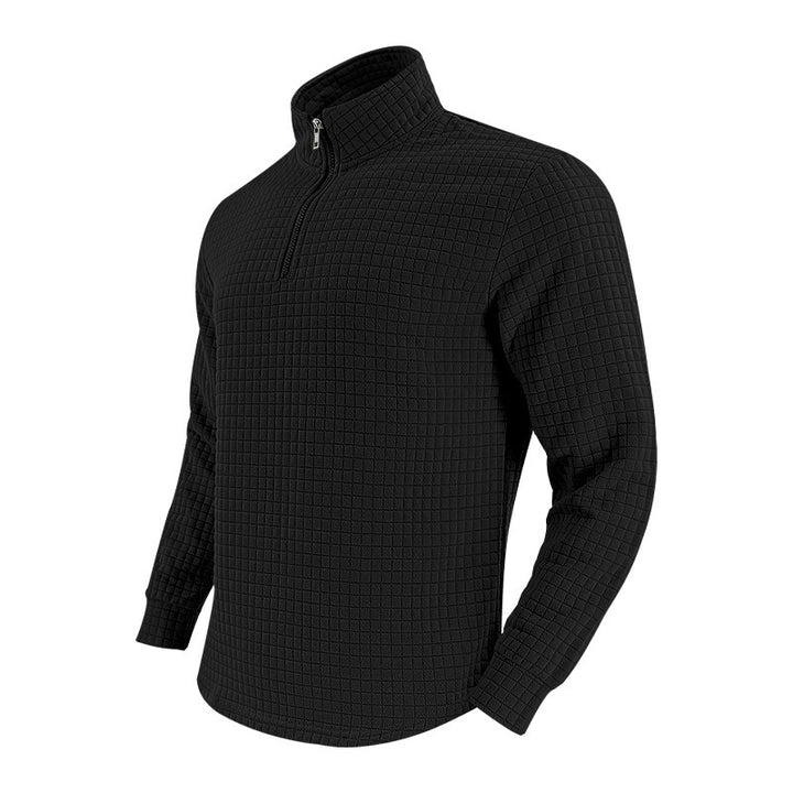 Men's Quilted Quarter-Zip Pullover with Check Pattern and Stand Collar Mune Fashion