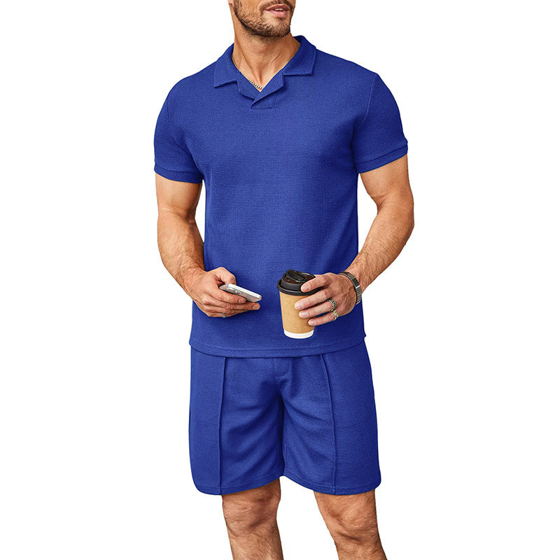 Men's two-piece leisure set made of structured cotton blend with polo shirt and straight comfort shorts Mune Fashion
