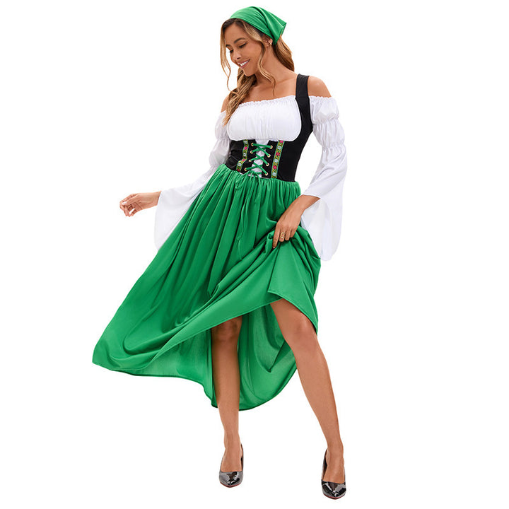 Women's Renaissance peasant dress with laced corset and trumpet sleeves Mune Fashion