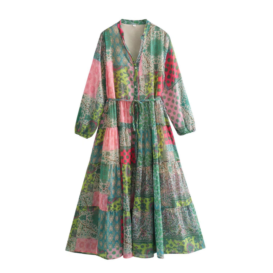 Women’s maxi dress with paisley print, V-neck, waist band and tiered skirt Mune Fashion
