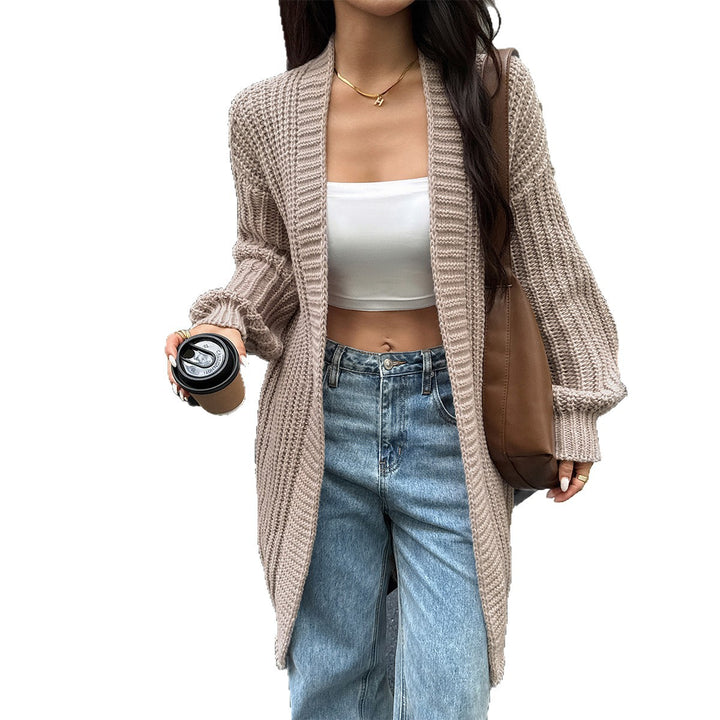 Women's long chunky knit cardigan with open front and balloon sleeves Mune Fashion