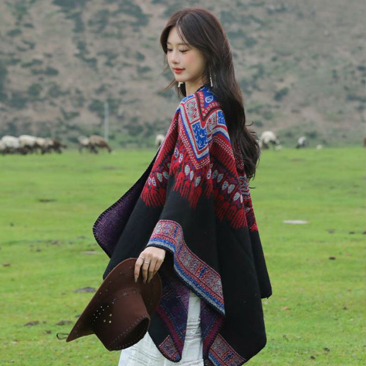 Women Oversize Poncho in Ethno Jacquard with V-neck and structured hem Mune Fashion
