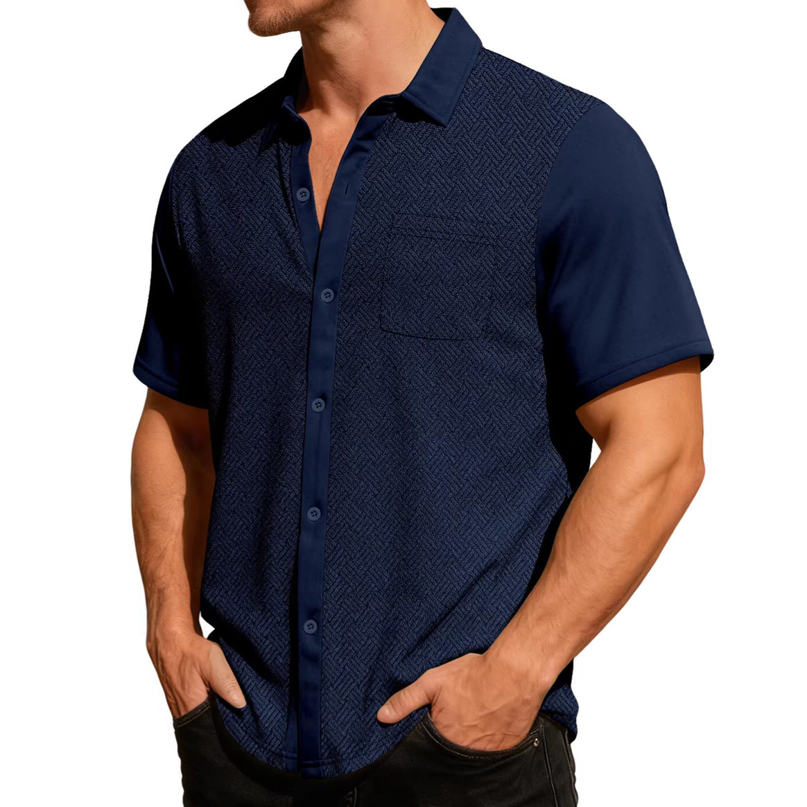 Men's leisure short sleeve shirt with jacquard texture, contrasted button placket and chest pocket Mune Fashion