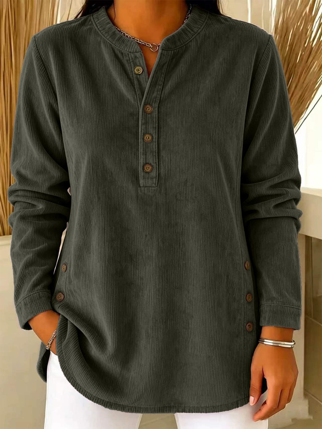 Women Casual Corduroy Look Tunic with Henley Neckline and Side Buttons Drune