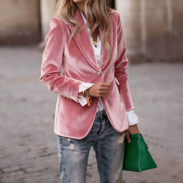 Women's Tailored Velvet Blazer with Notched Lapels and Decorative Buttons Drune
