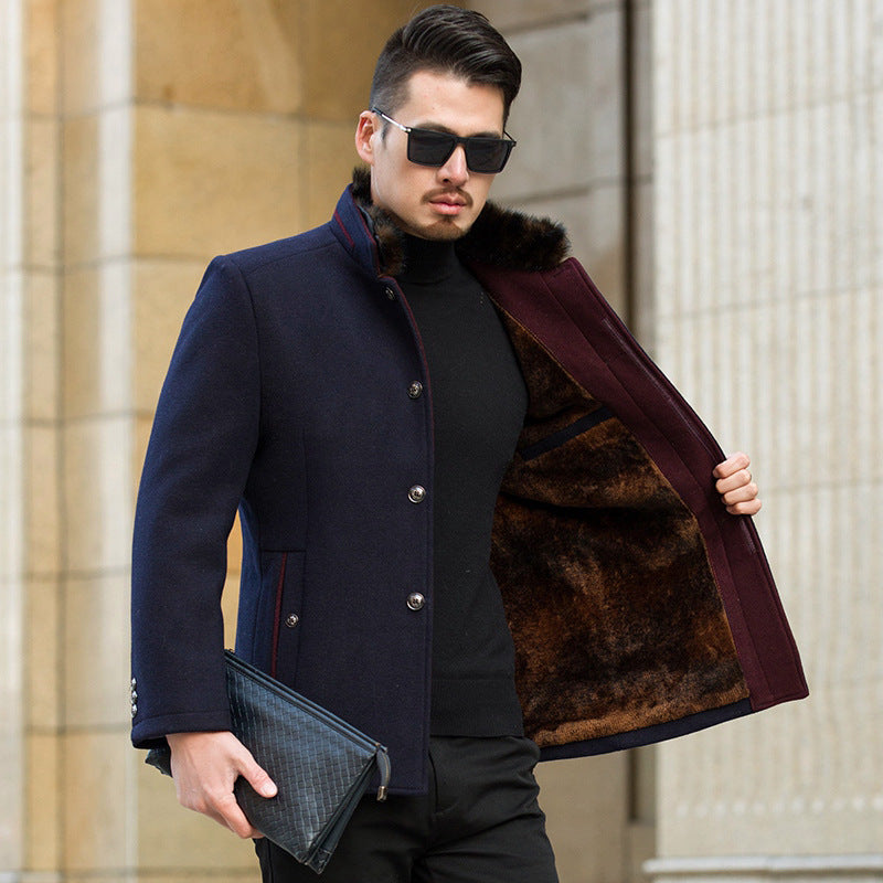 Men's wool coat with warm faux fur lining and stand-up collar Mune Fashion