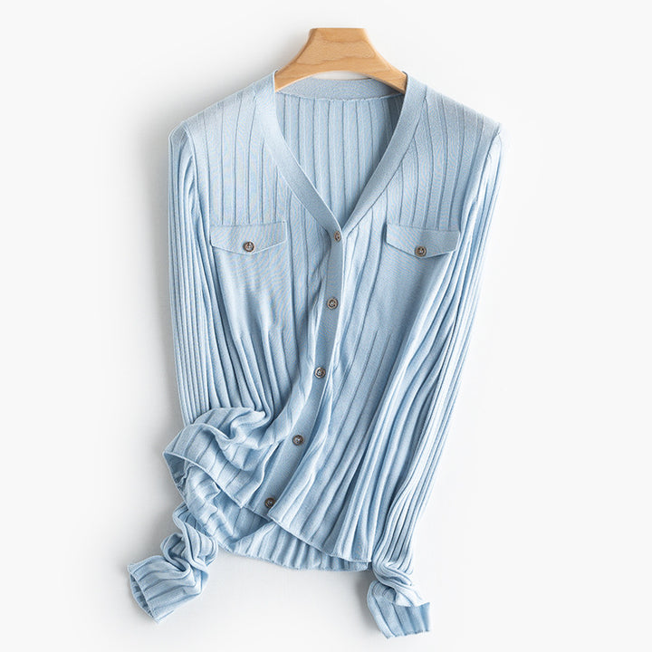 Women Fine Ribbed Button Cardigan with V-Neck and Chest Pockets Mune Fashion