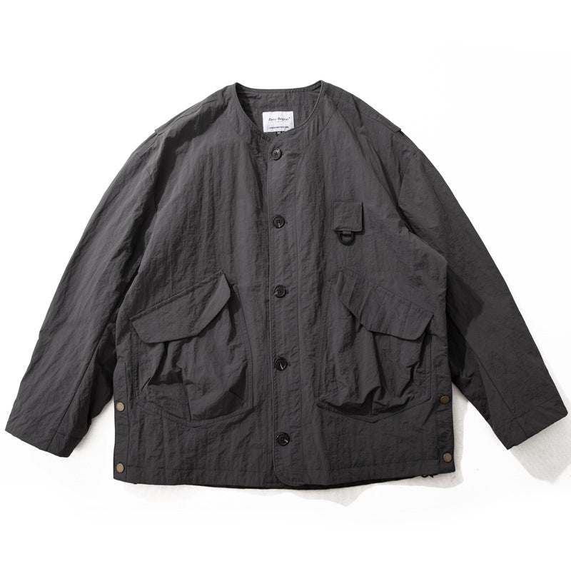 Men's Collarless Utility Field Jacket with Patch Pockets and Drawstring Mune Fashion