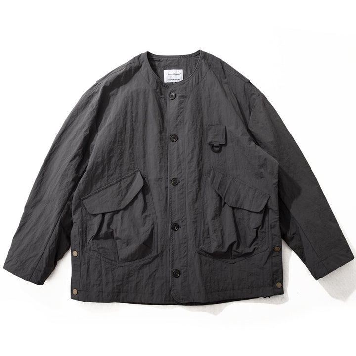 Men's Collarless Utility Field Jacket with Patch Pockets and Drawstring Mune Fashion