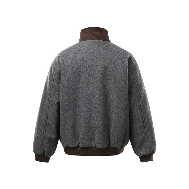 Men's short-cut boxy bomber made of wool blend with high buckle collar and velour trim Mune Fashion