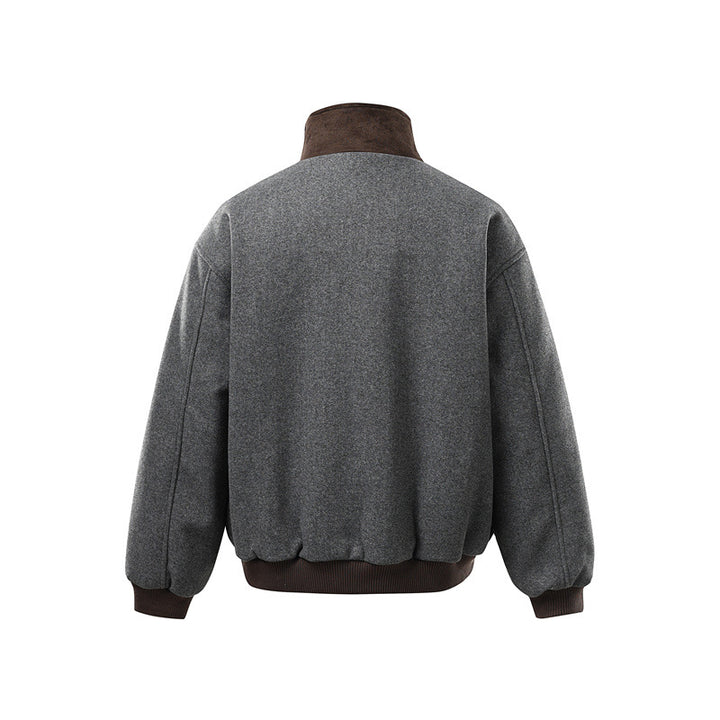 Men's short-cut boxy bomber made of wool blend with high buckle collar and velour trim Mune Fashion