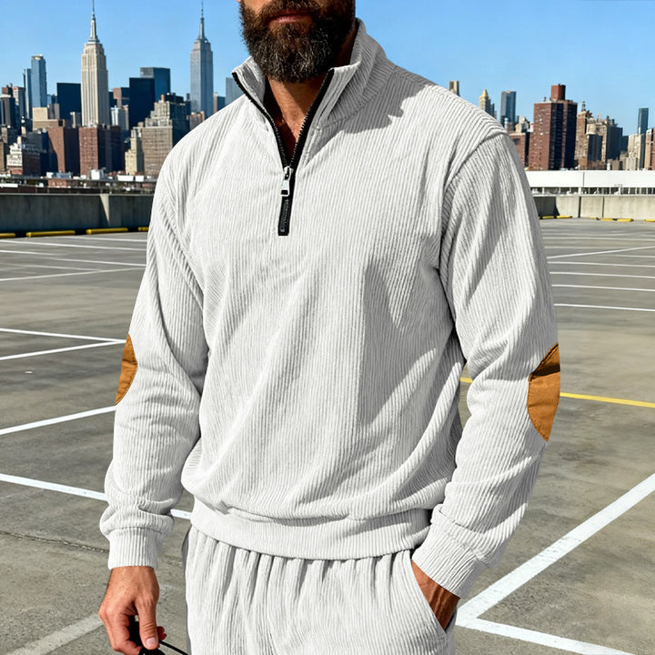 Men's cord structure half-zip pullover in relaxed fit with stand-up collar and elbow patch Mune Fashion