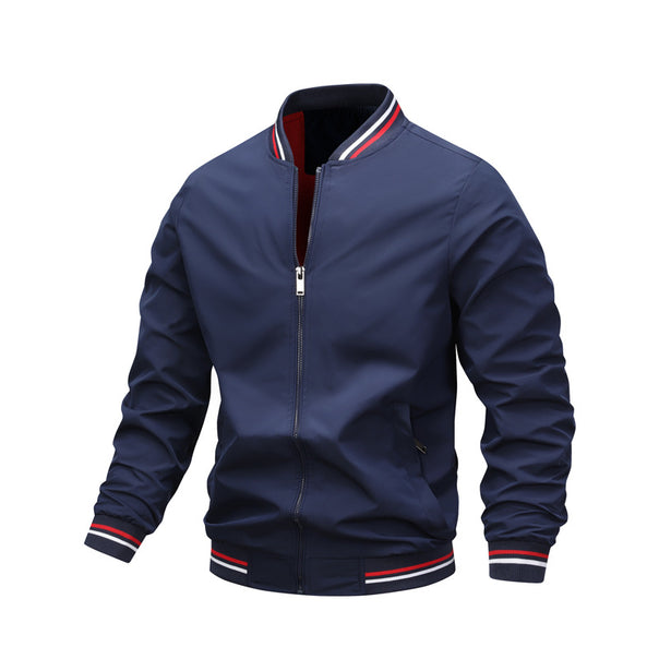 Men's sporty lightweight bomber jacket with striped ribbed collar, wind-resistant outer material, and zipper Mune Fashion