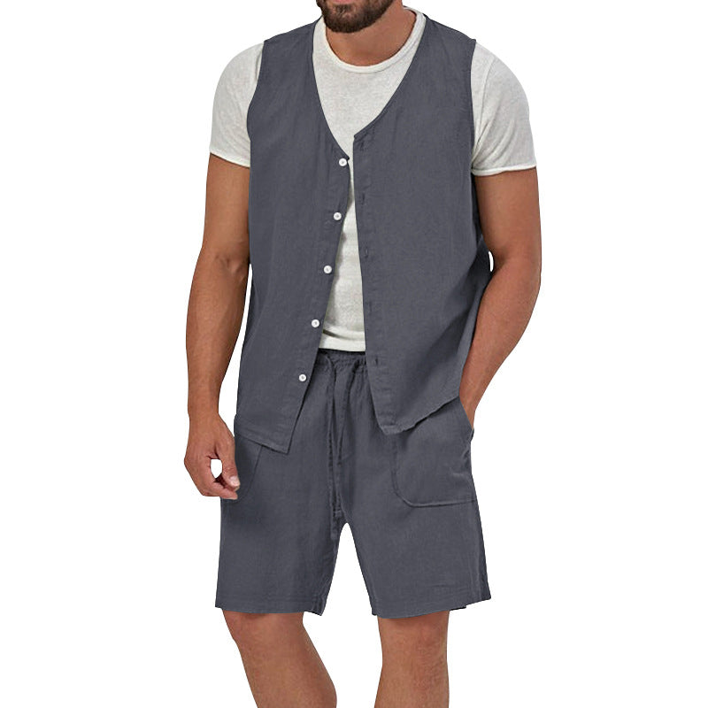 Men's two-piece leisure set with sleeveless button vest and wide drawstring shorts with patch pockets Mune Fashion