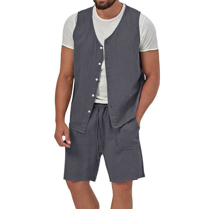 Men's two-piece leisure set with sleeveless button vest and wide drawstring shorts with patch pockets Mune Fashion