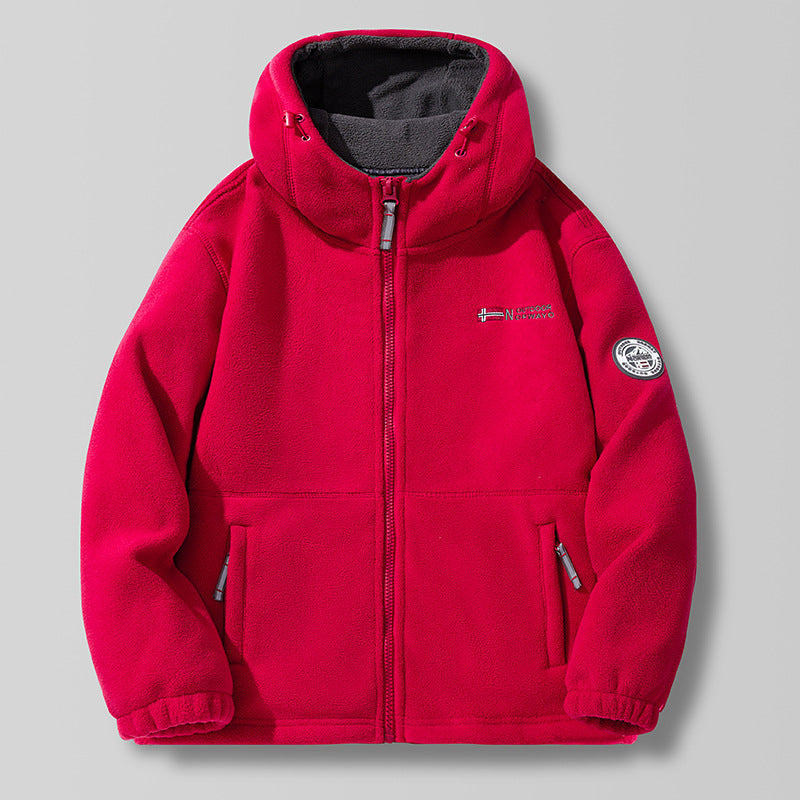 Unisex Hooded Fleece Jacket with high collar, full zip and side pockets.