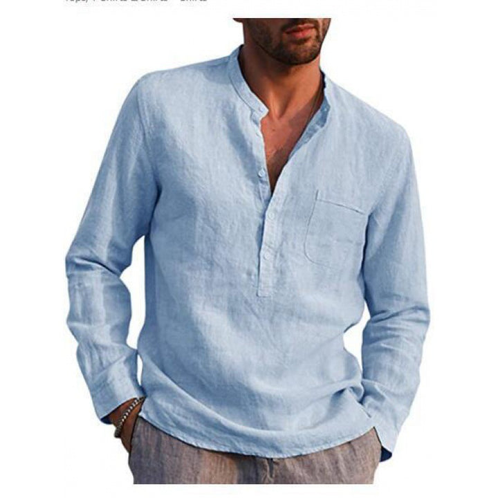 Men's Lightweight Linen Shirt with Stand Collar, Half Button Placket and Chest Pocket Mune Fashion