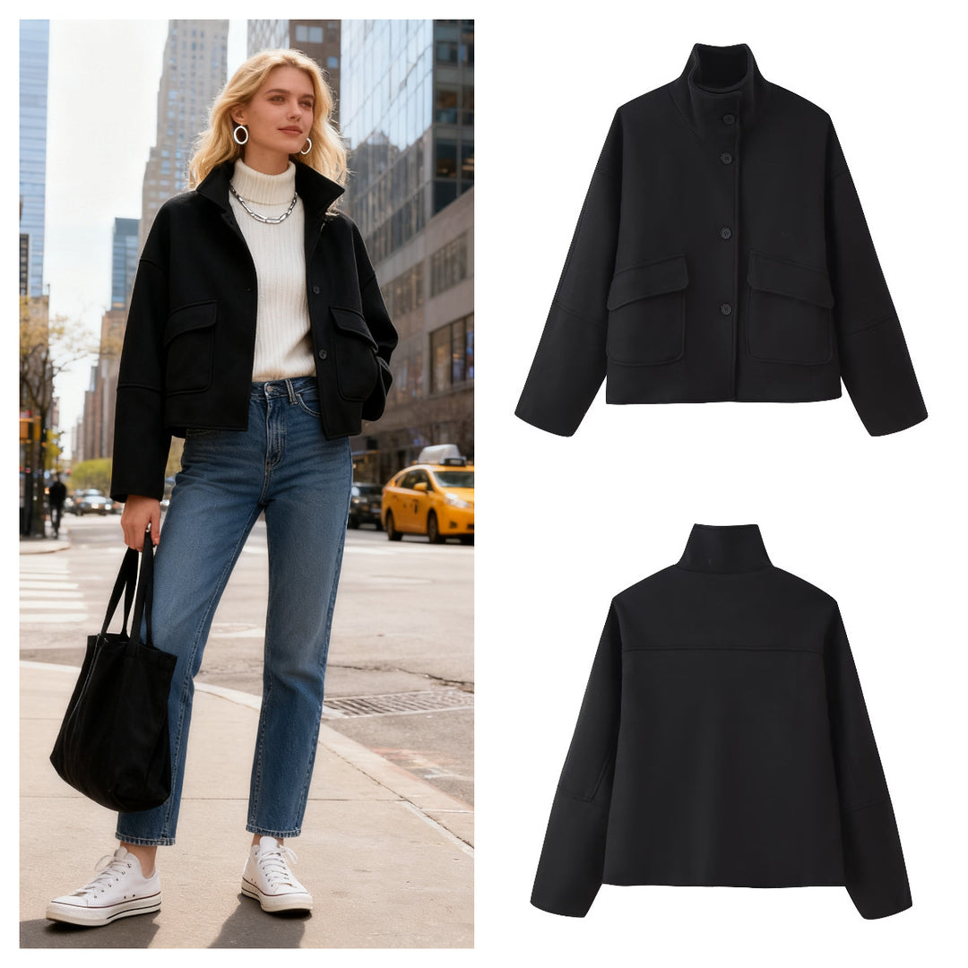Women's Boxy Short Jacket made of Wool Blend with Stand-up Collar and Flap Pockets Mune Fashion