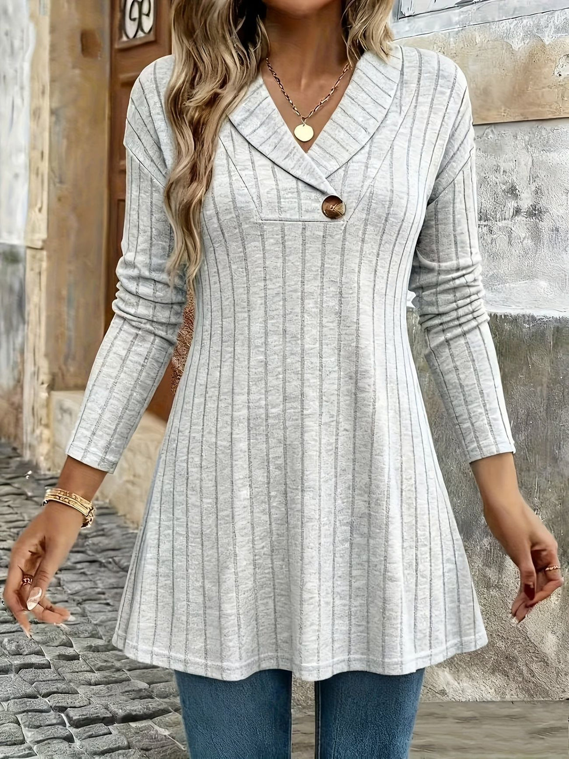 Women Knitted A-Line Tunic Dress with Lapel and Decorative Button Mune Fashion
