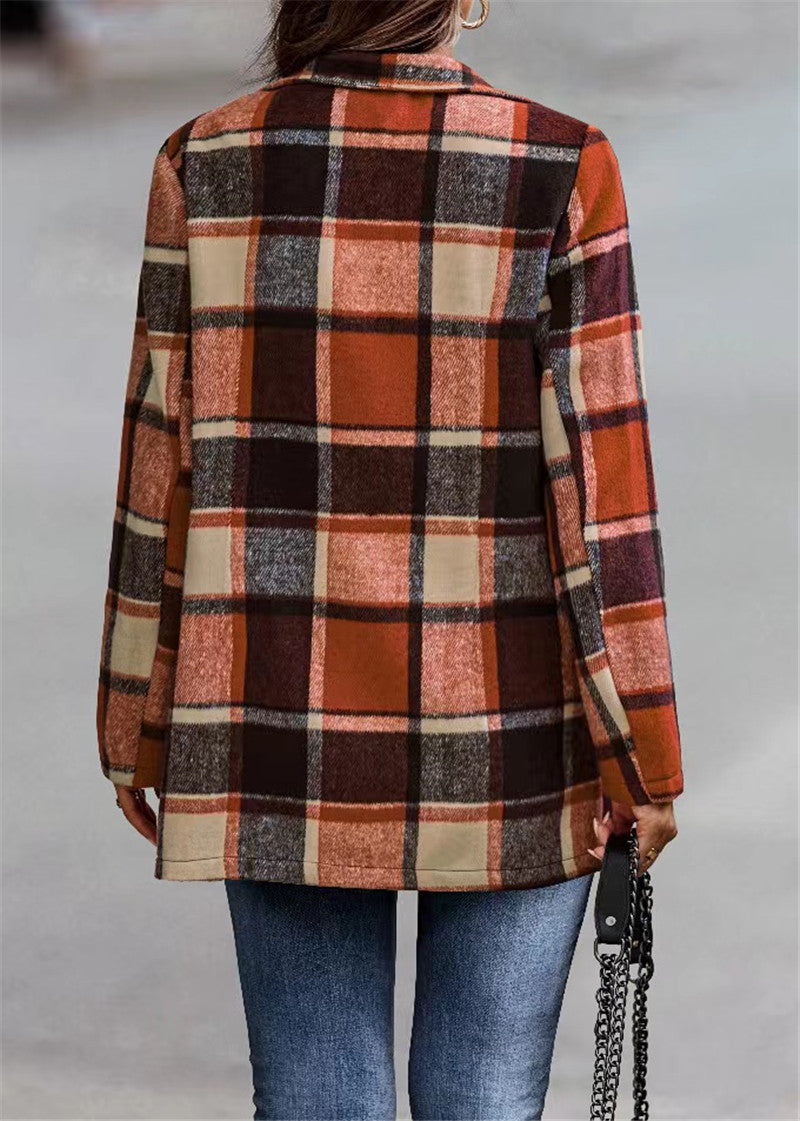 Women Checked Long Blazer Shacket Without Collar, Open Cut Mune Fashion