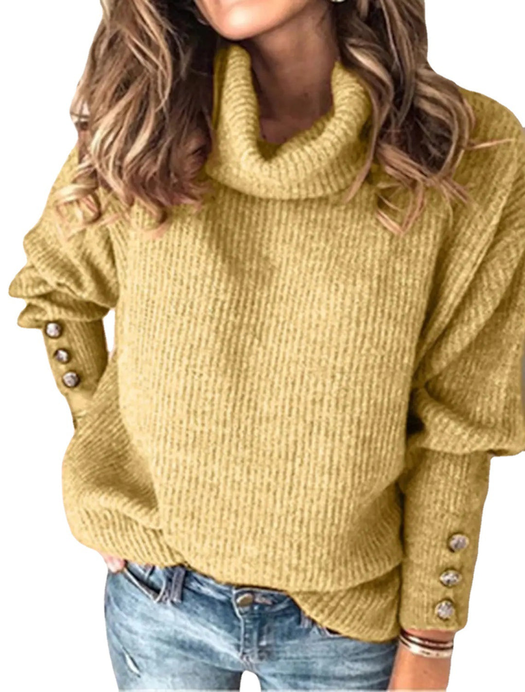 Women Oversize Roll Neck Sweater with Textured Knit and Decorative Buttons Mune Fashion