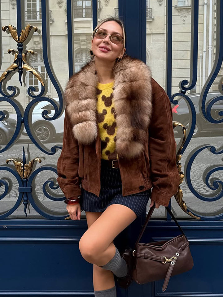 Women's suede bomber jacket with voluminous fur scarf and elastic hem Mune Fashion