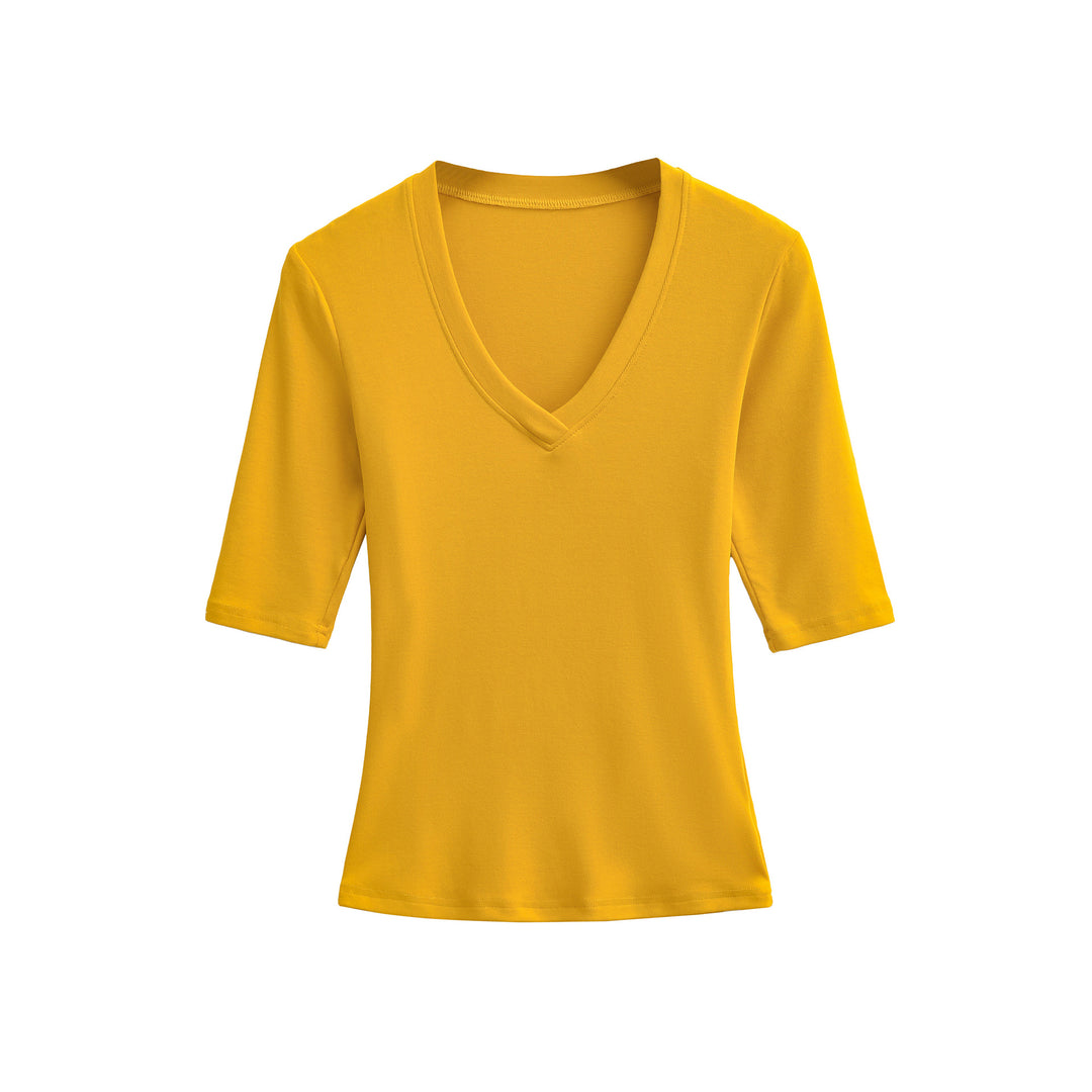 Women's Fitted V-Neck Three-Quarter Sleeve Fine Rib Top made of Stretch Jersey Mune Fashion