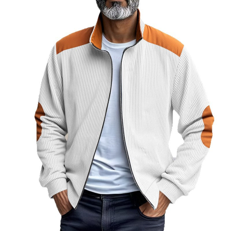 Men's ribbed stand-up collar sweat jacket with full zip, shoulder and elbow patches Mune Fashion