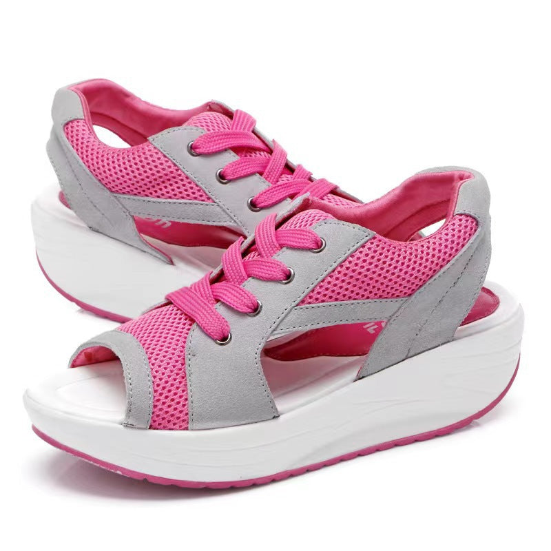 Women's sporty wedge sandal in sneaker style with breathable mesh, padded comfort insole, and open toe area Mune Fashion