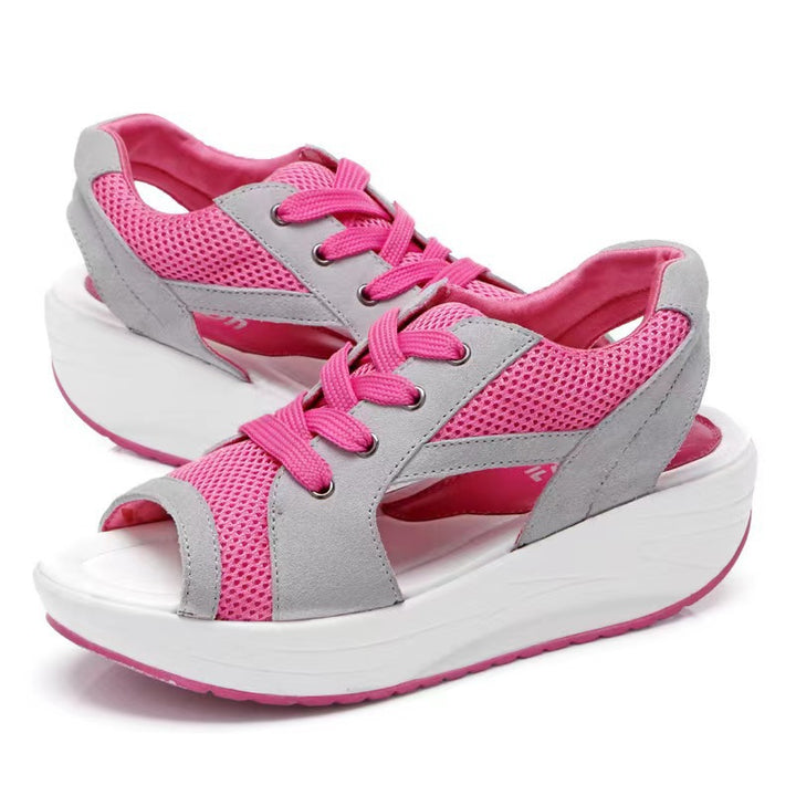 Women's sporty wedge sandal in sneaker style with breathable mesh, padded comfort insole, and open toe area Mune Fashion