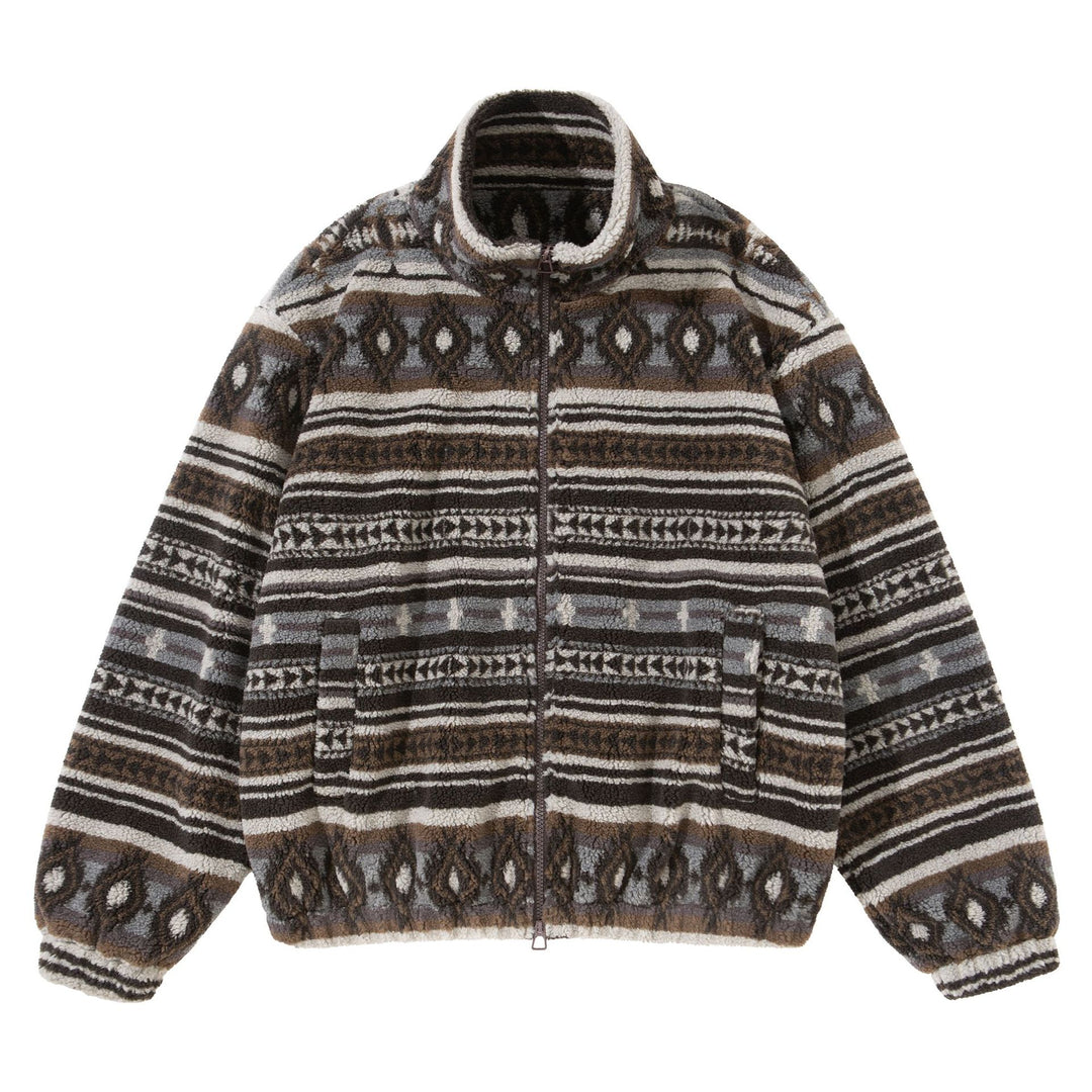 Unisex Short Jacket made of Teddy Fleece with Ethno Pattern and Stand-Up Collar Mune Fashion