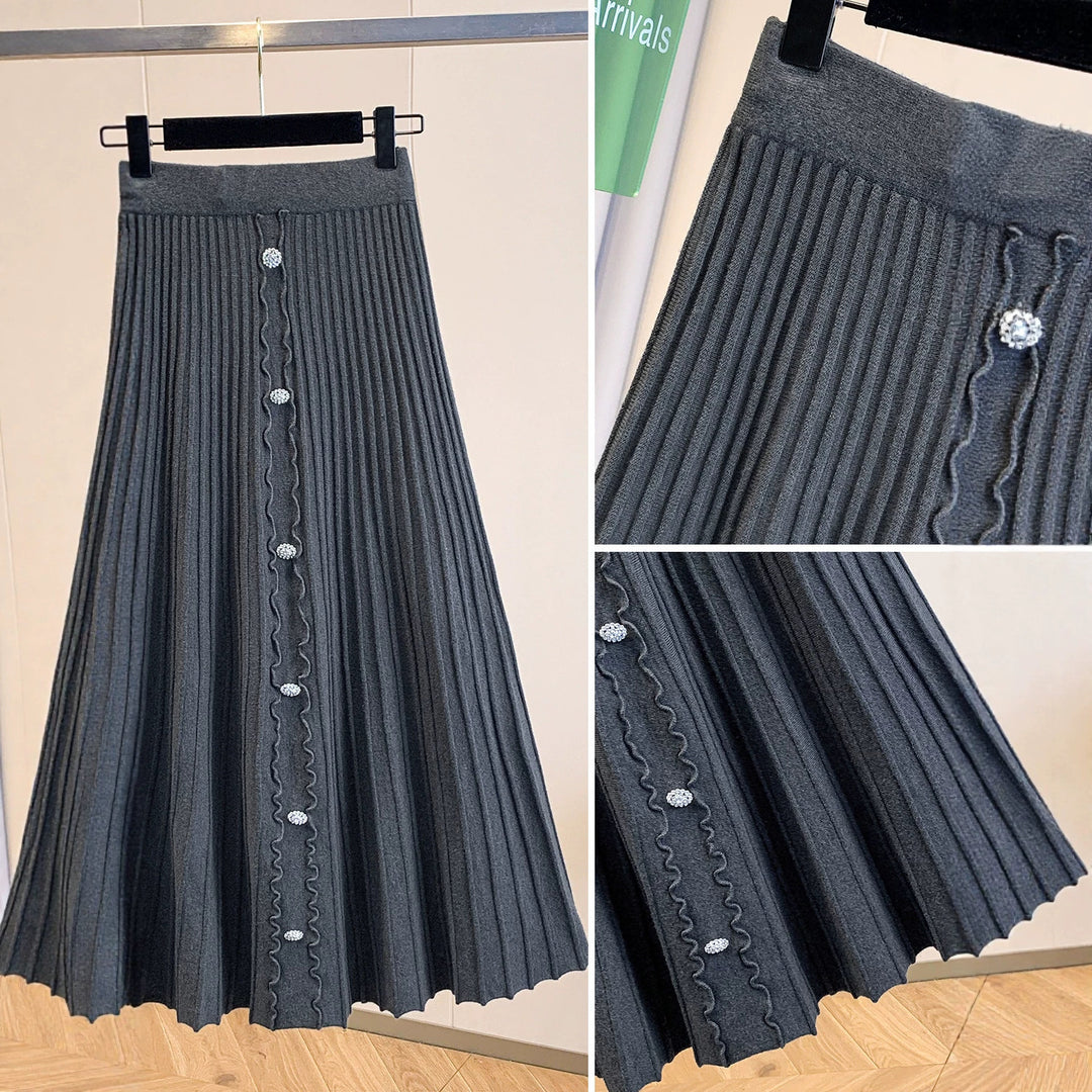 Women's Elegant Pleated Maxi Skirt with Button Details Mune Fashion