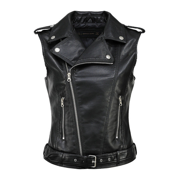 Women's biker leather vest with asymmetrical zipper