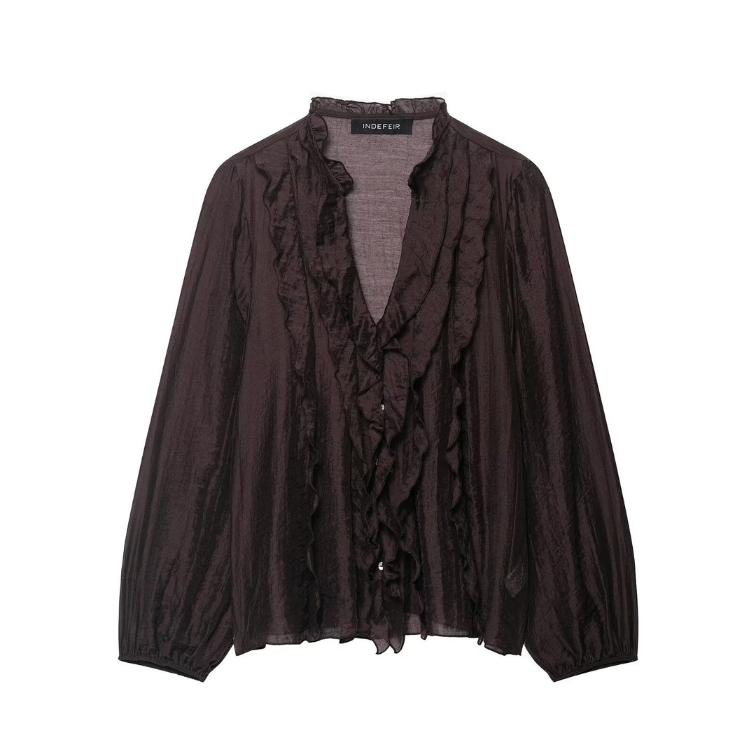 Ladies Transparent Crinkle Blouse with Ruffle Collar, Ruffled Front and Balloon Sleeves Mune Fashion