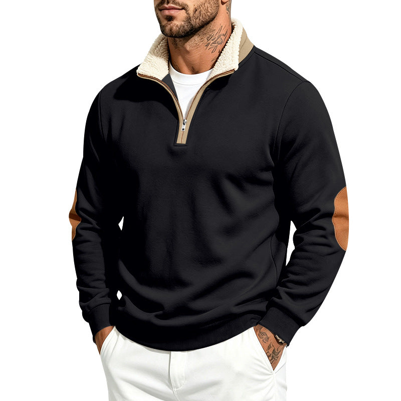 Men's Troyer Half-Zip Pullover with Teddy Fleece Lining, Faux Leather Elbow Patches and Stand-Up Collar Mune Fashion
