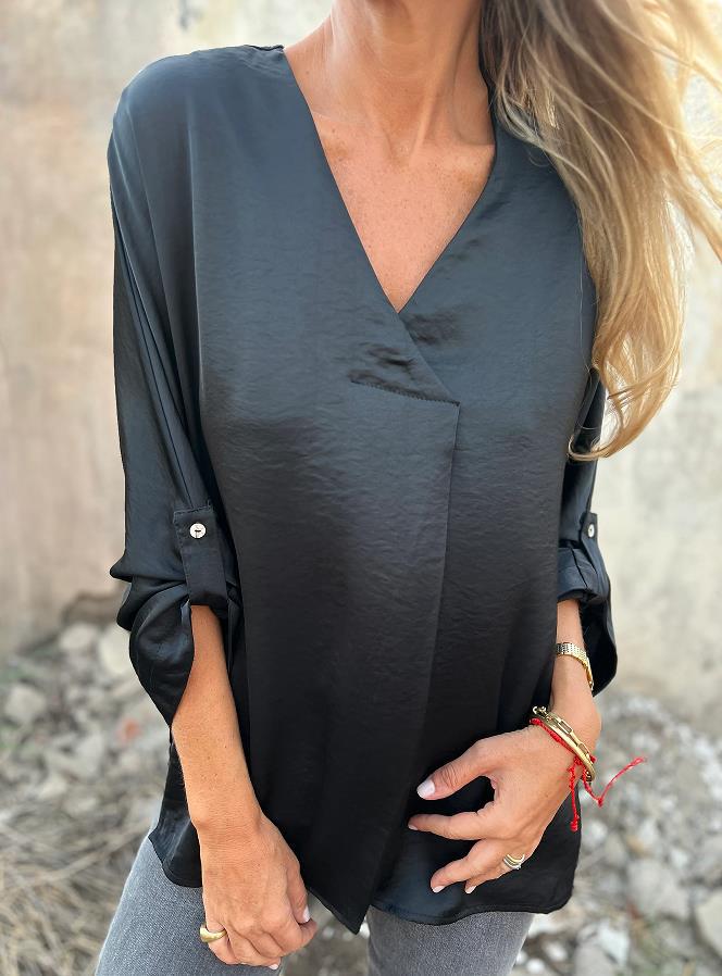 Women's Lightweight V-Neck Tunic Blouse with Rolled-Up Sleeves and Loose Fit Mune Fashion