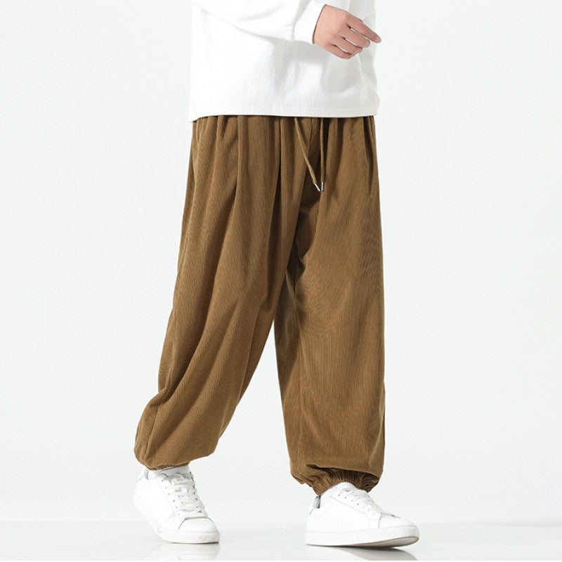 Men's Wide Cord Trousers in Balloon Cut with Drawstring and Elastic Cuff Mune Fashion