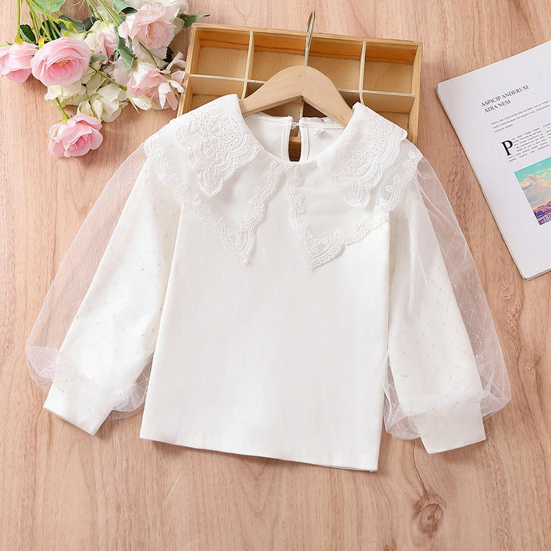 Girl blouse with romantic tulle sleeves and elegant lace accents Mune Fashion