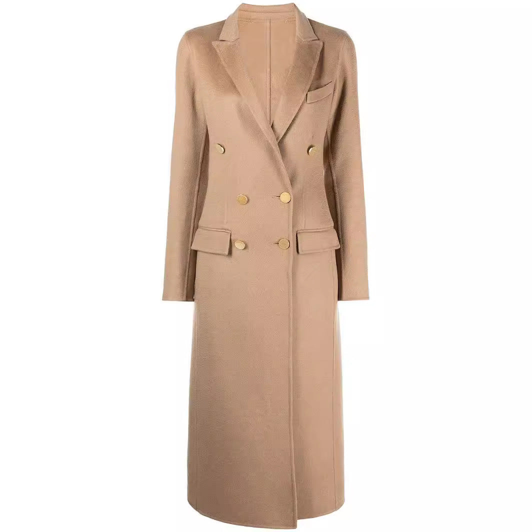Women's Slim Maxi Length Coat in Clean-Cut with Double-Breasted Look and Decorative Metal Buttons Mune Fashion