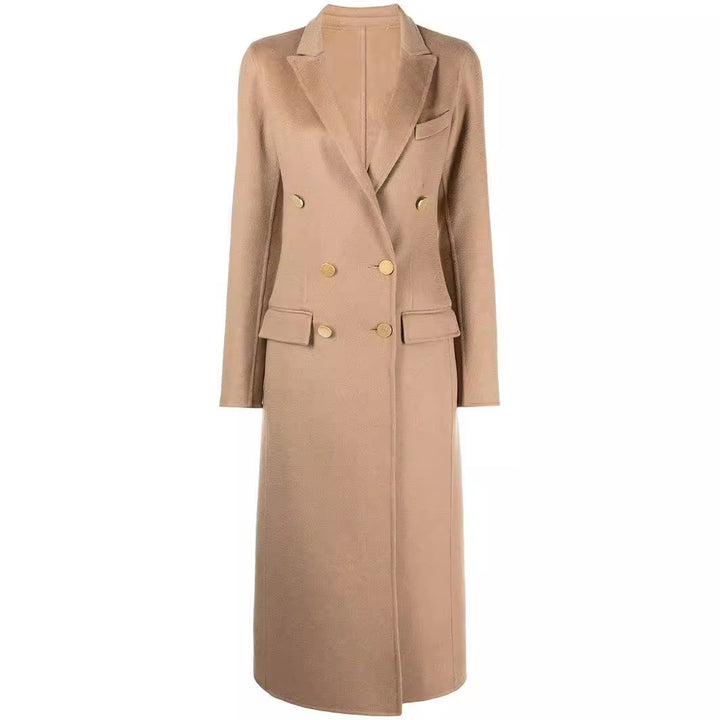 Women's Slim Maxi Length Coat in Clean-Cut with Double-Breasted Look and Decorative Metal Buttons Mune Fashion