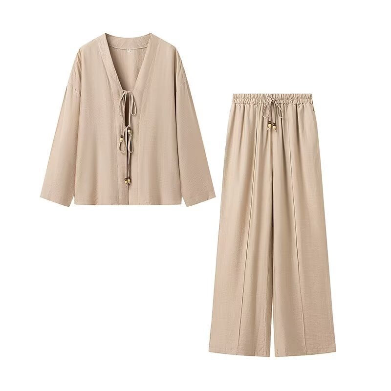 Women Two-Piece Lightweight Lounge Set with V-Neck, Drawstring Pants and Wide Leg Mune Fashion