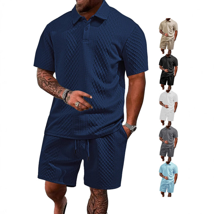 Men's embossed waffle polo with Kent collar and elastic drawstring shorts set Mune Fashion
