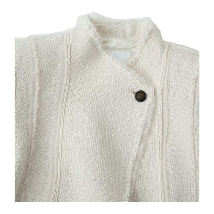 Women Boucle Blazer with Stand Collar, Asymmetrical Closure and Fringed Hem Mune Fashion