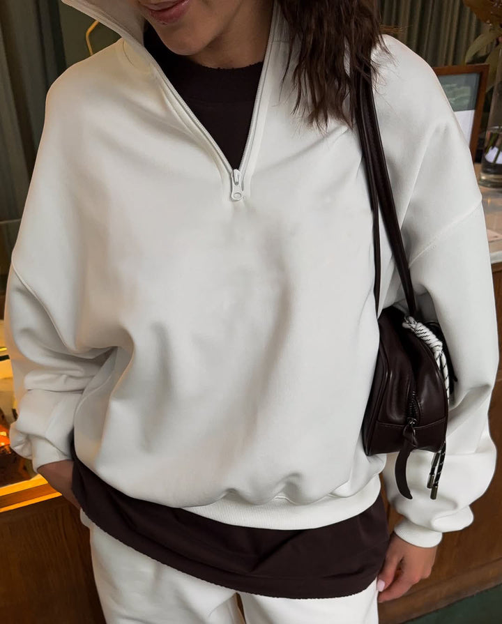 Women nan Oversize Half-zip Pullover with Stand-up Collar and Wide Lounge Pants Set Mune Fashion